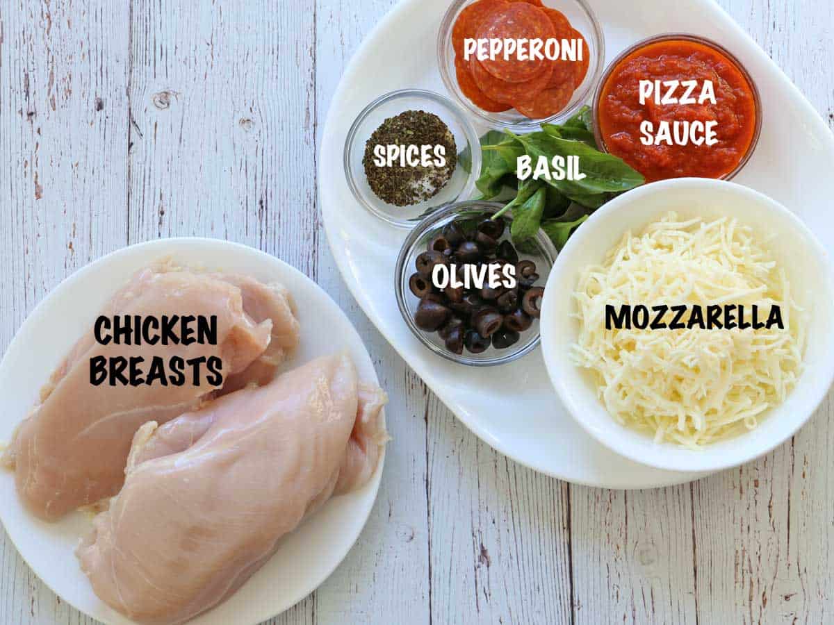 The ingredients needed to make pizza chicken.