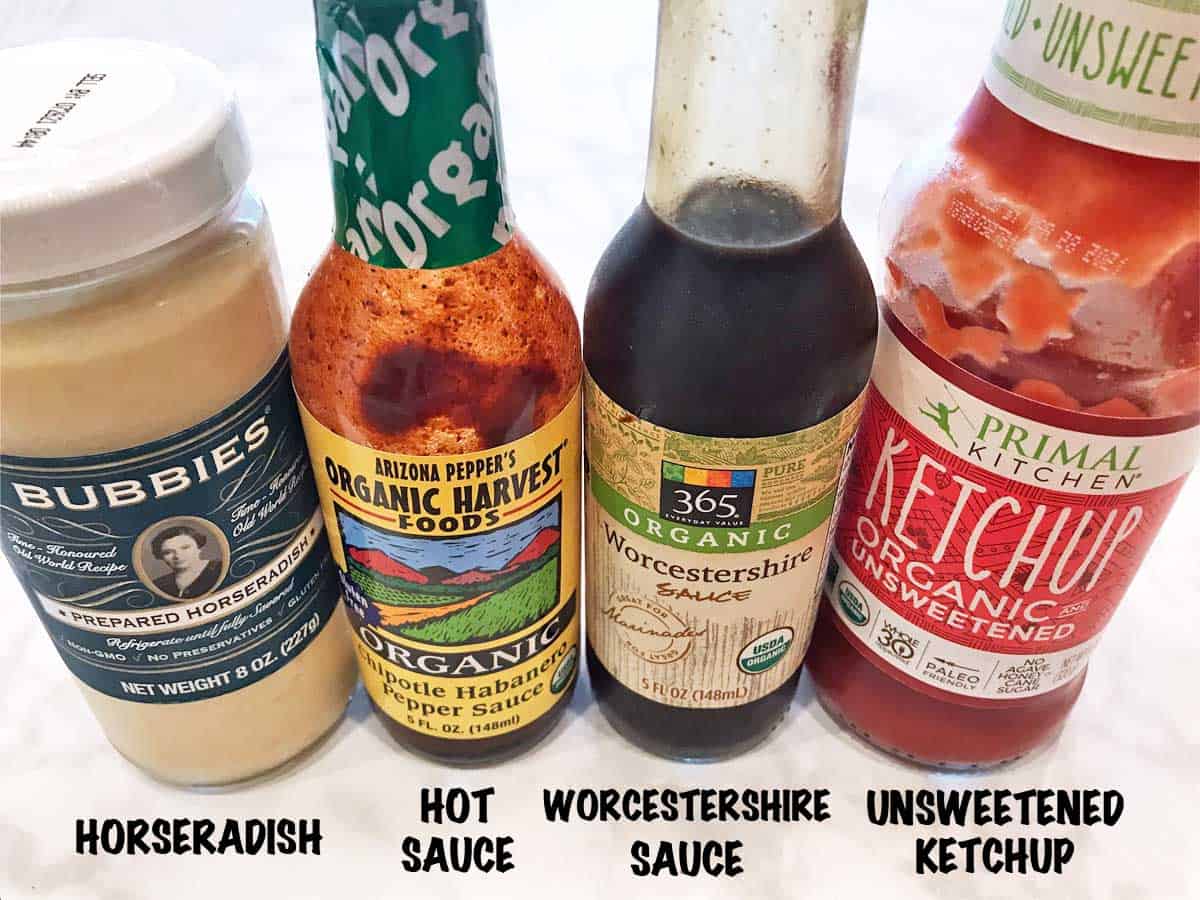 The ingredients needed to make a keto cocktail sauce.