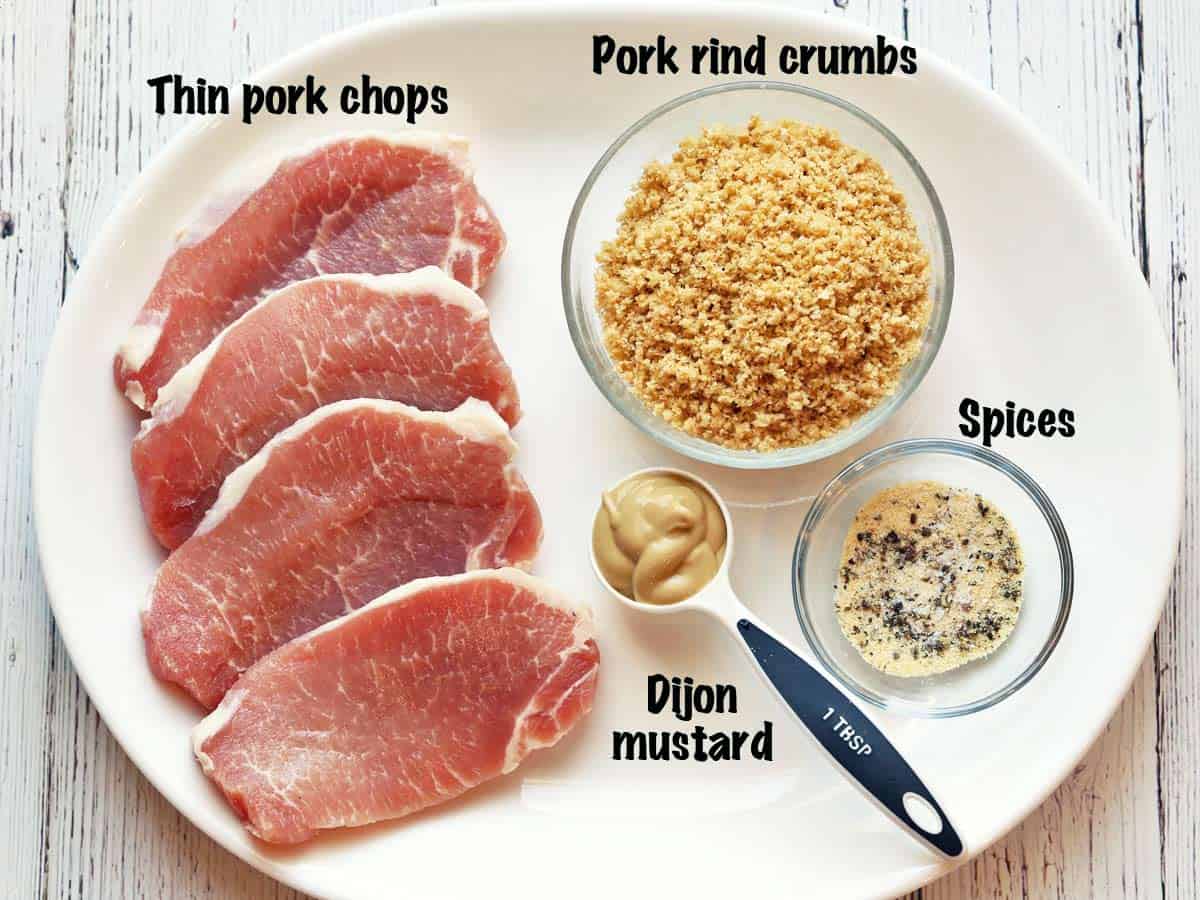 The ingredients needed to make keto fried pork chops.