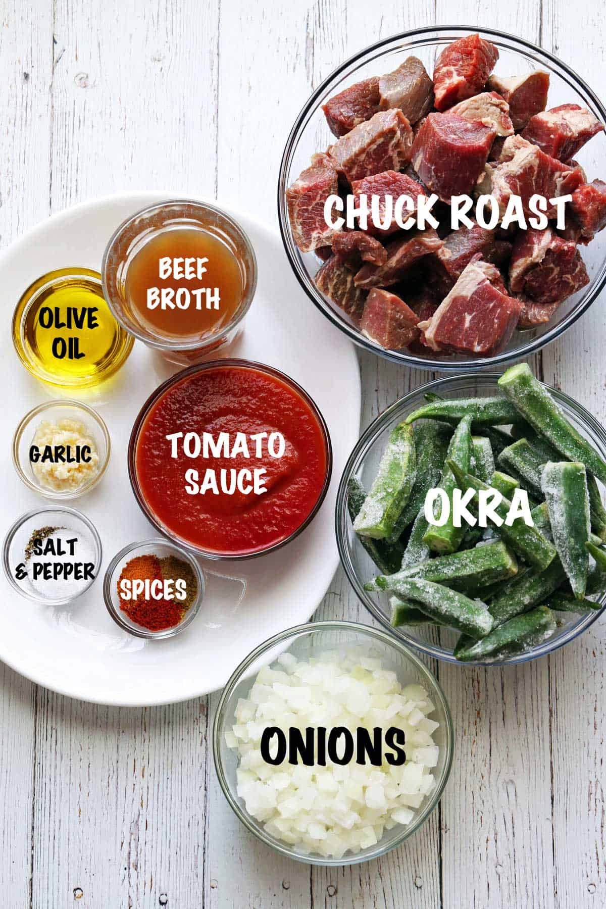 The ingredients needed to make an okra stew.
