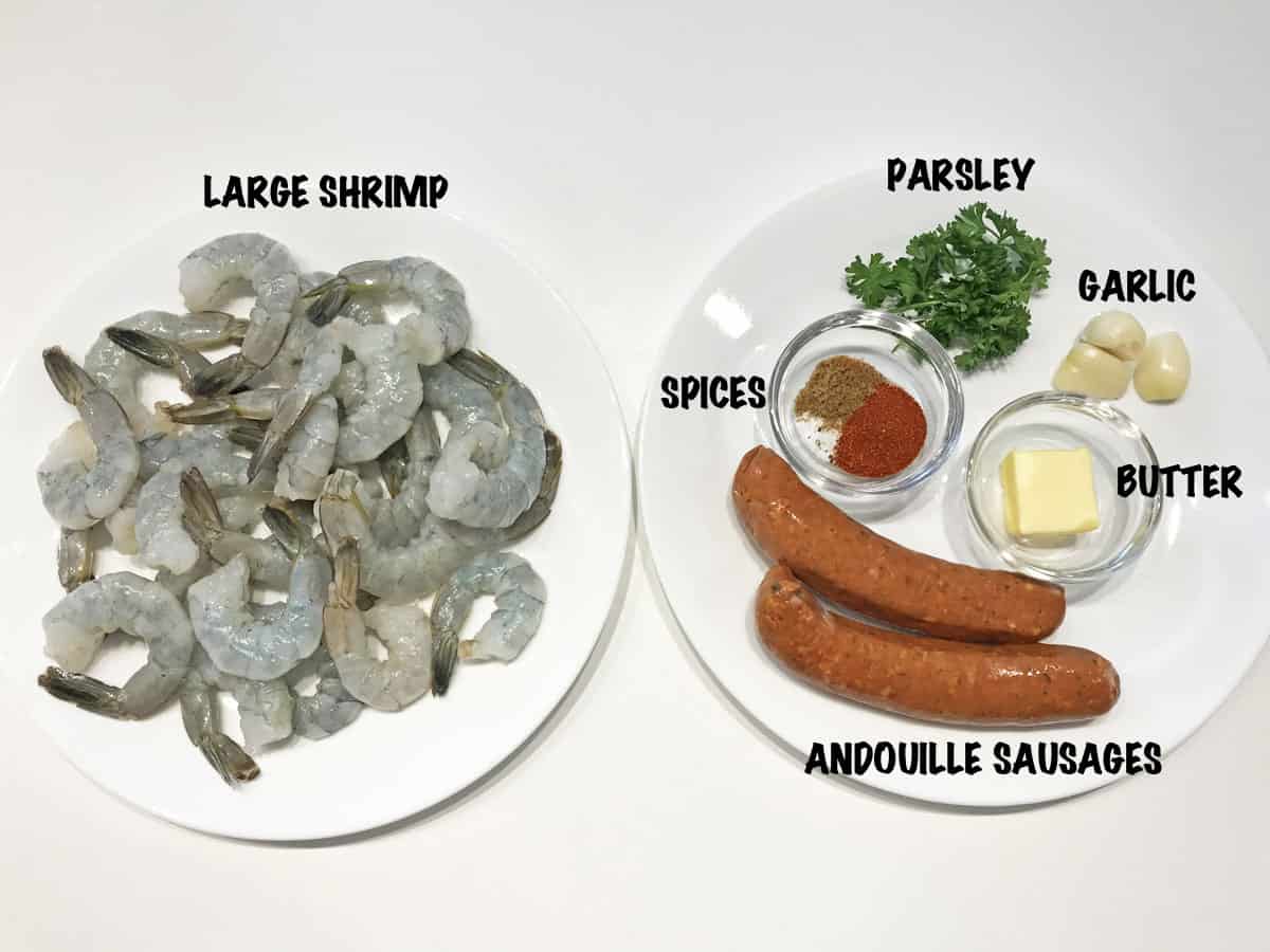 The ingredients needed to make a dish of shrimp and sausage.