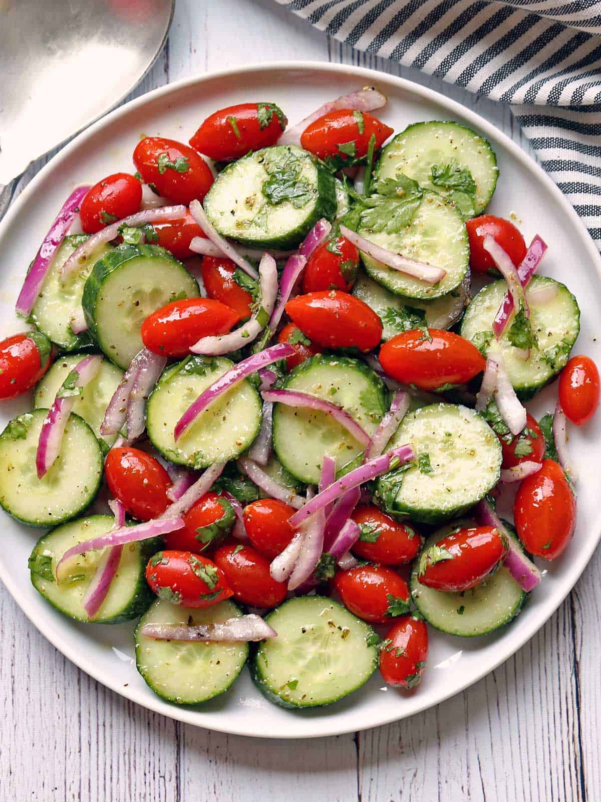 Cucumber tomato salad is served on a white plate.