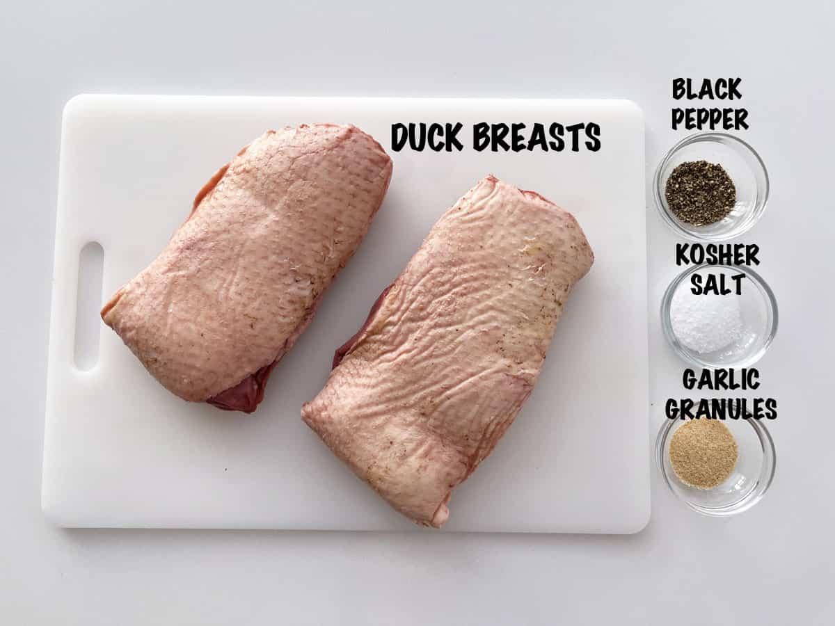 The ingredients needed to pan-sear duck breast.