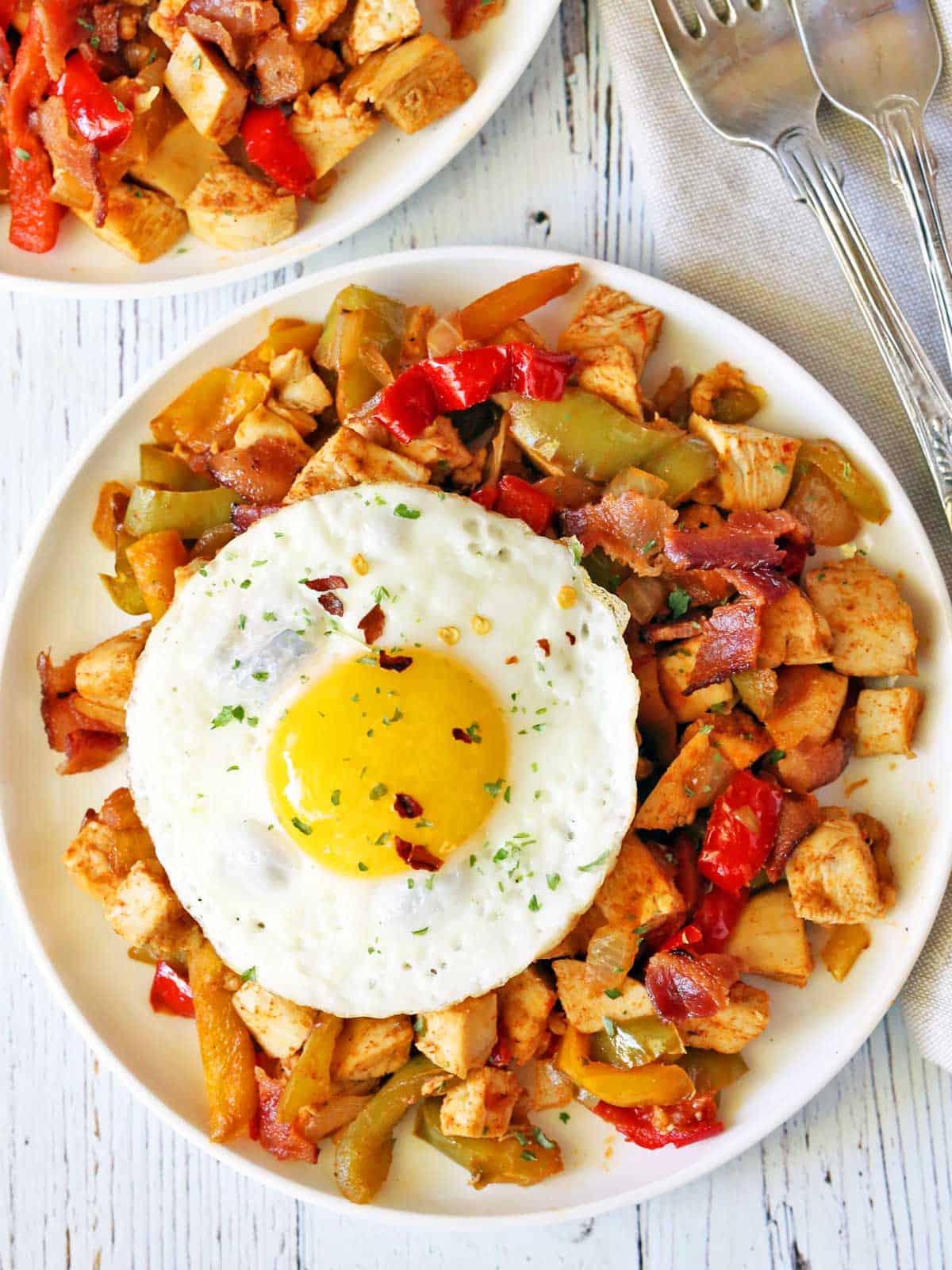 Turkey hash is topped with a fried egg. 