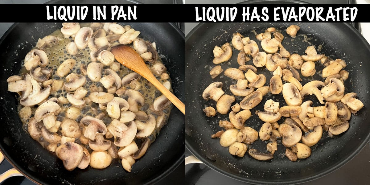 Two photos showing the process for cooking mushrooms.