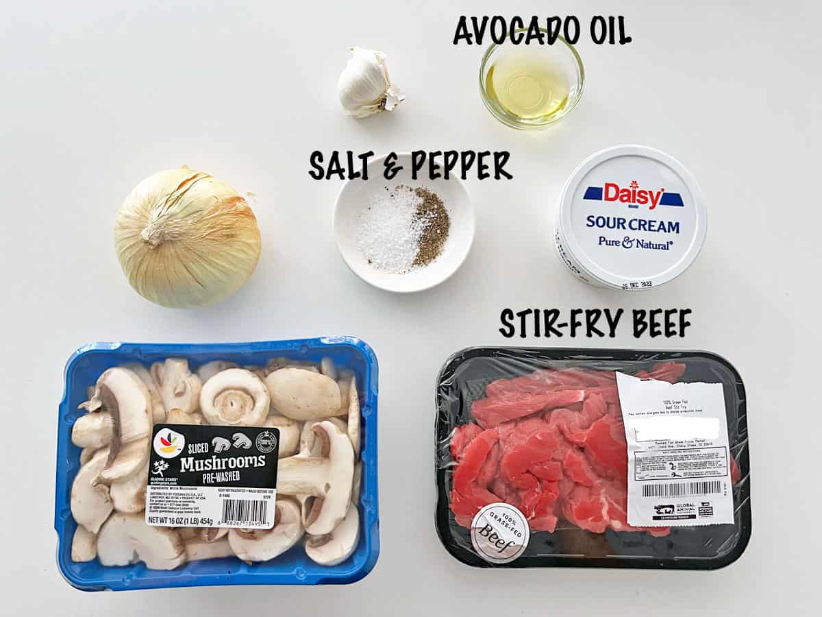 The ingredients needed to make beef stroganoff.