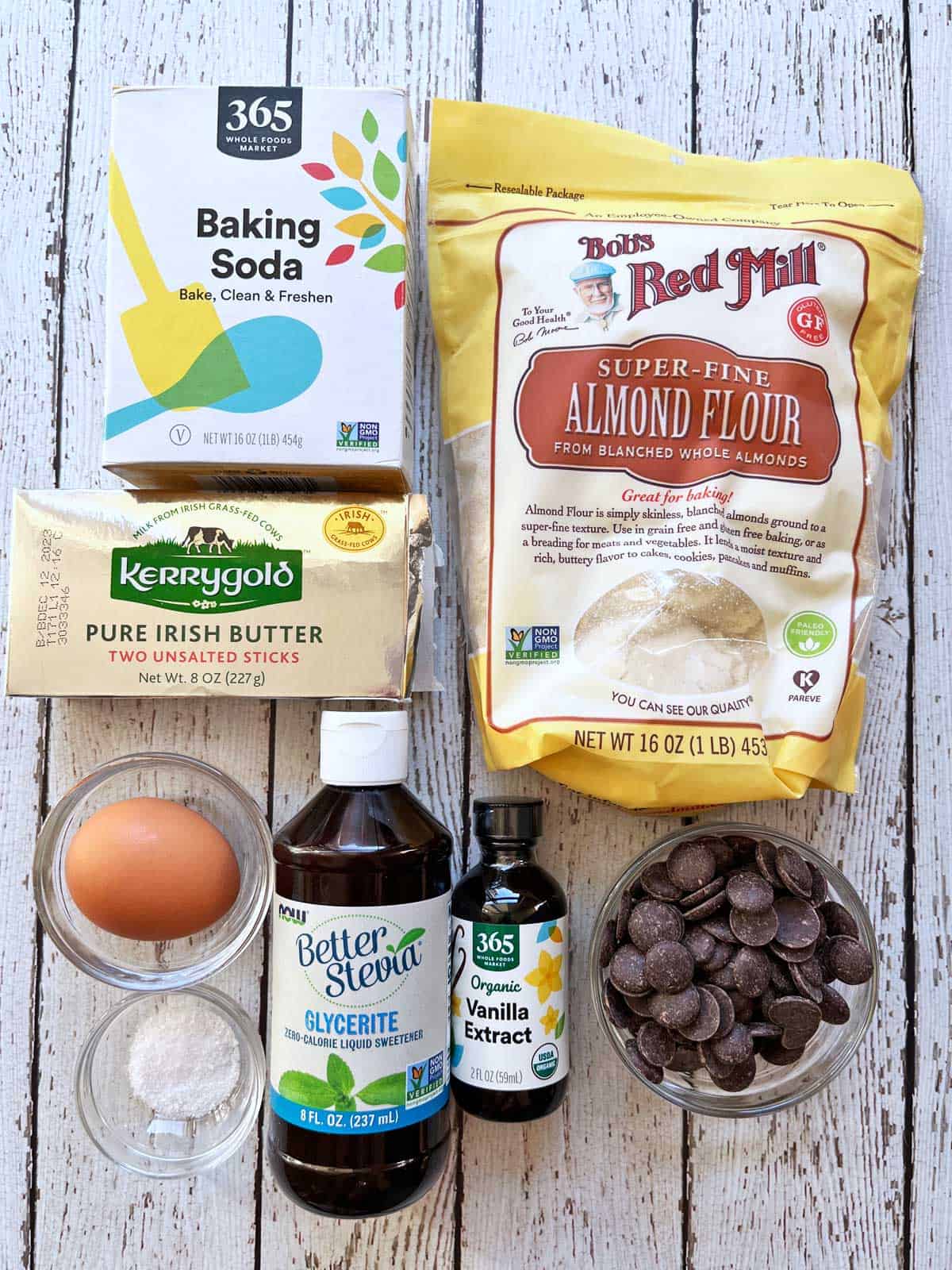 The ingredients needed to make almond flour chocolate chip cookies.