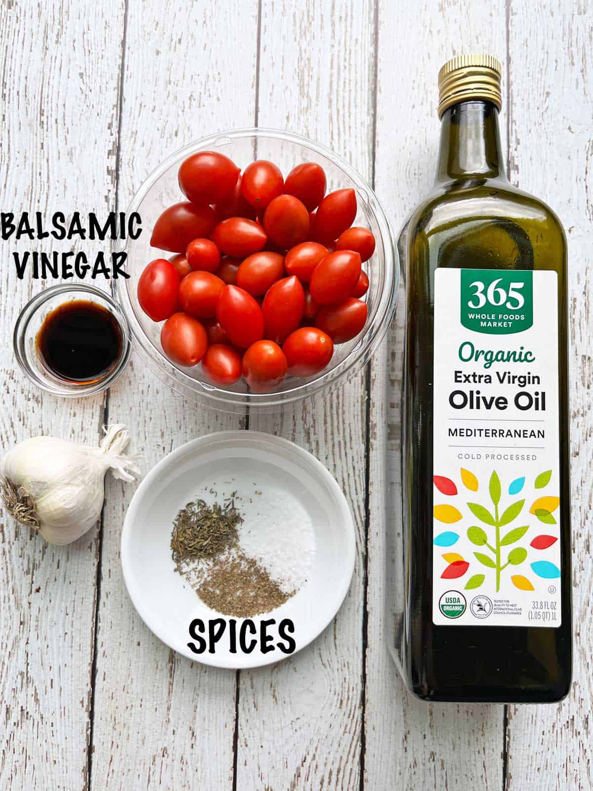 The ingredients needed to roast cherry tomatoes.