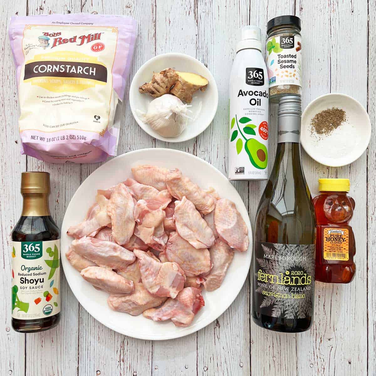 The ingredients needed to make teriyaki chicken wings.
