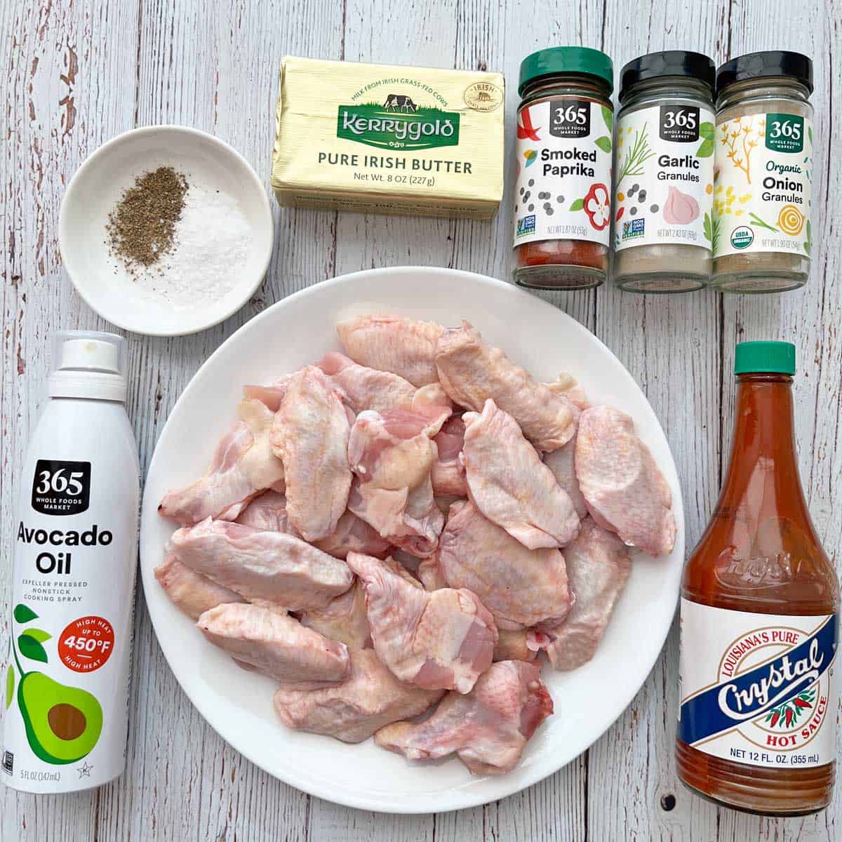 The ingredients needed to make buffalo wings. 