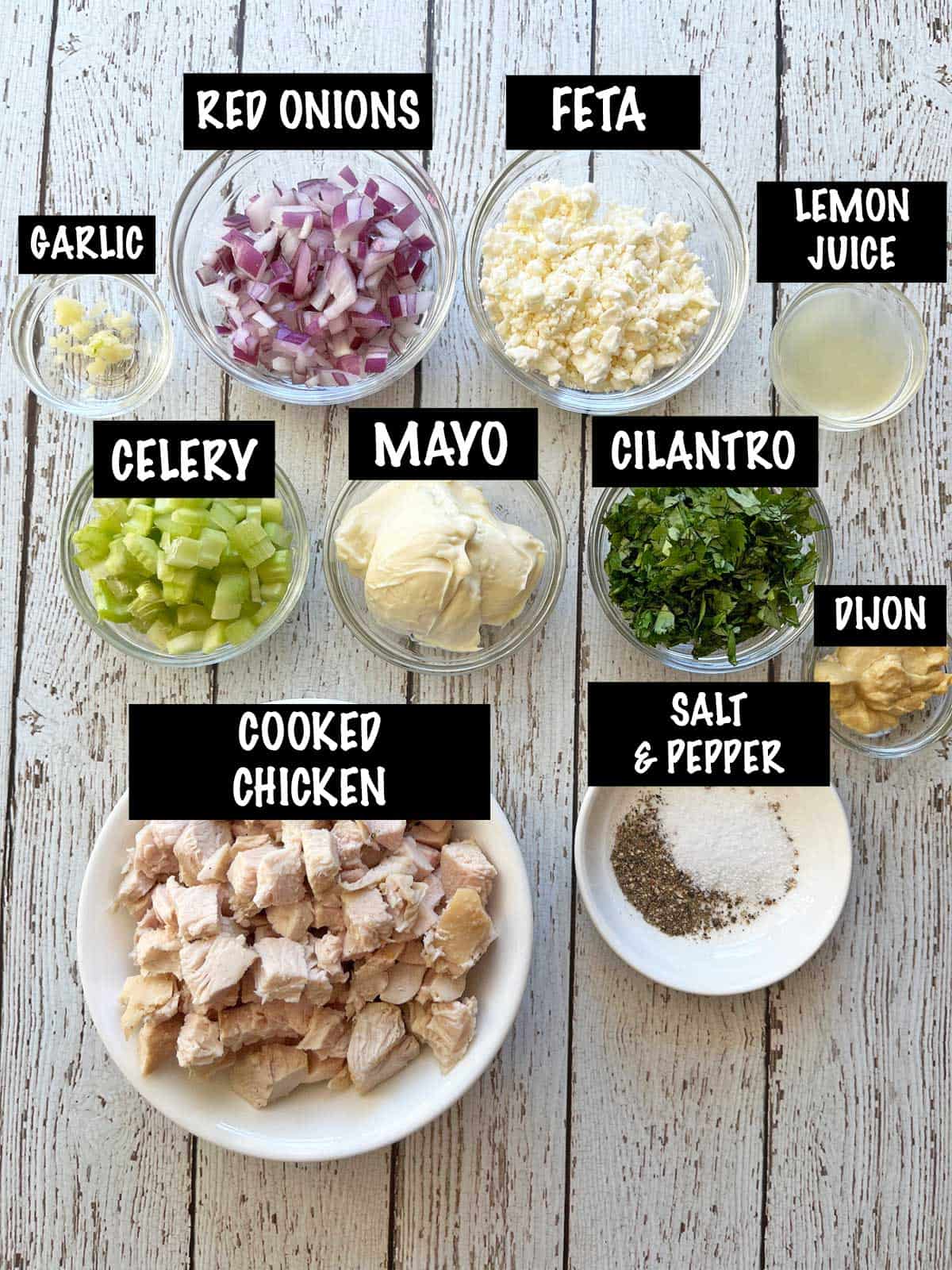 The ingredients needed to make a keto chicken salad.