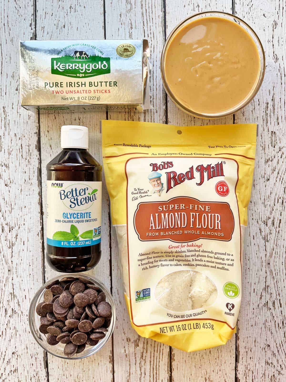 The ingredients needed to make keto peanut butter bars.