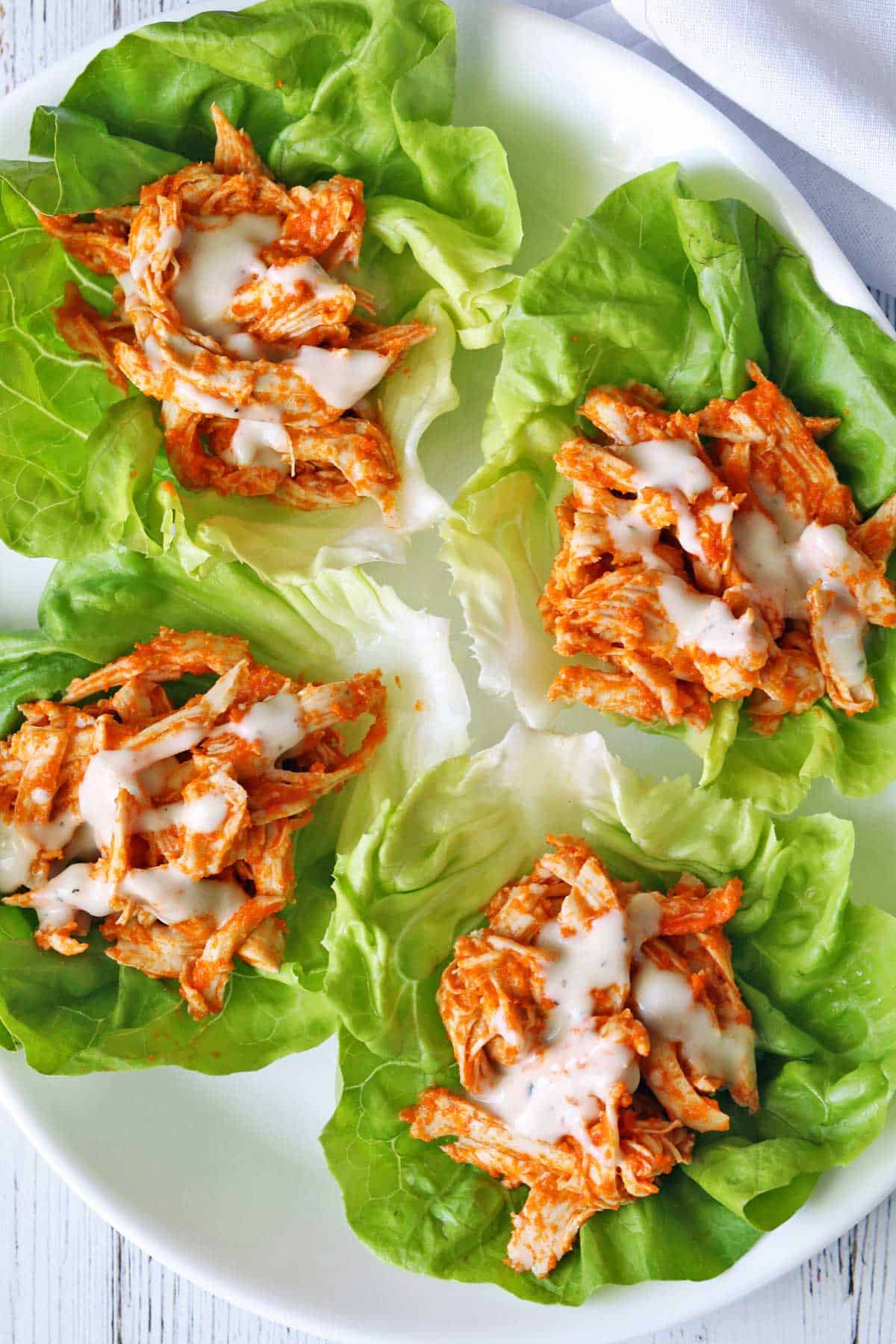 Buffalo chicken lettuce wraps are served on a plate.