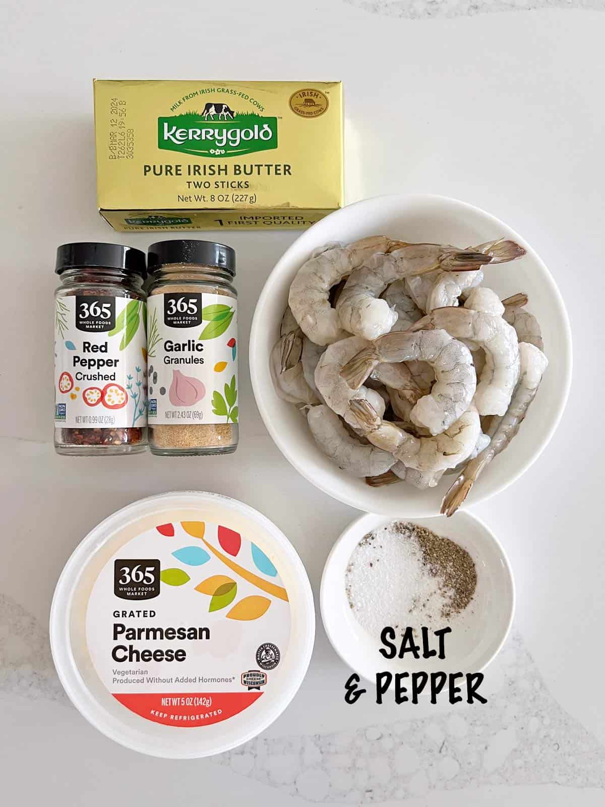 The ingredients needed to bake shrimp in the oven.