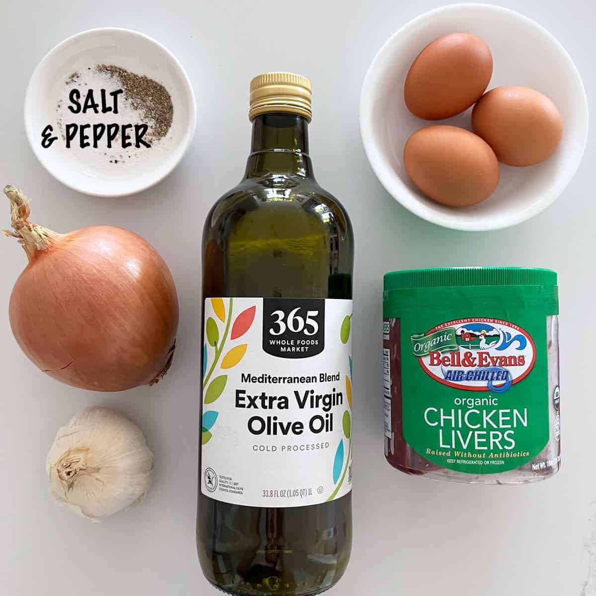 The ingredients needed to make chopped liver.