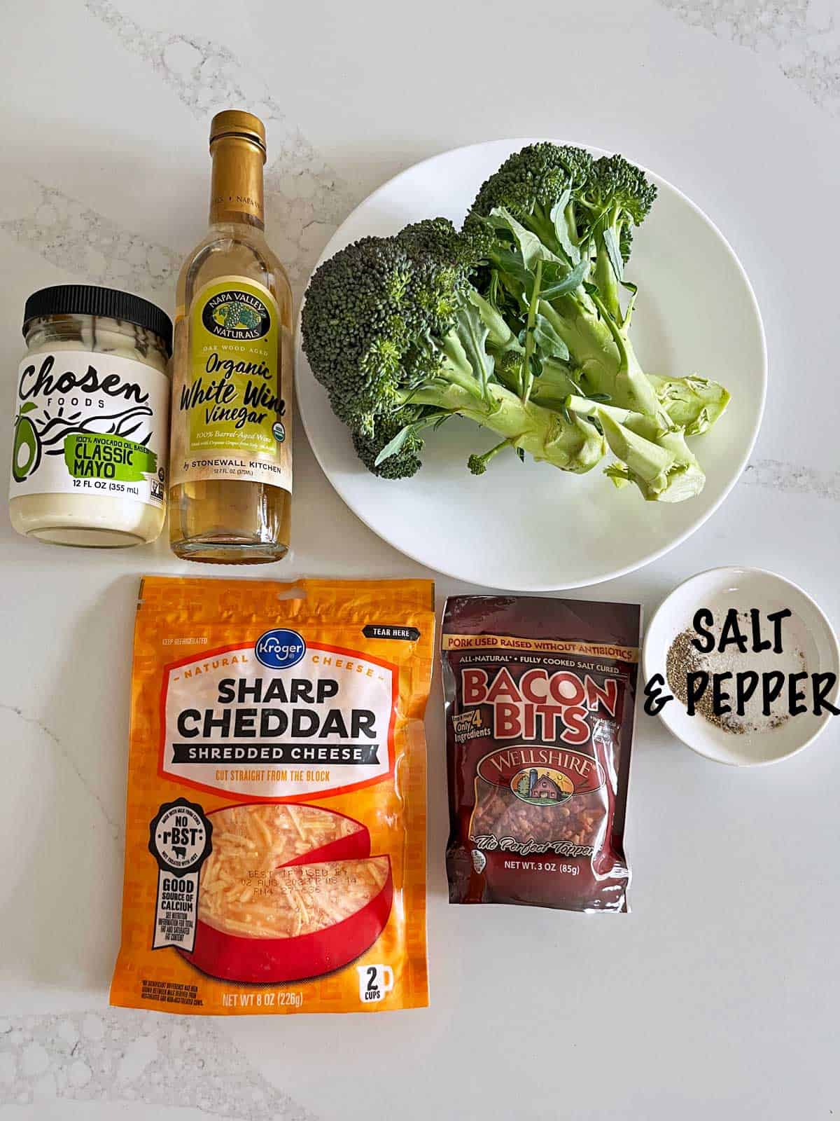 The ingredients needed to make a keto broccoli salad.