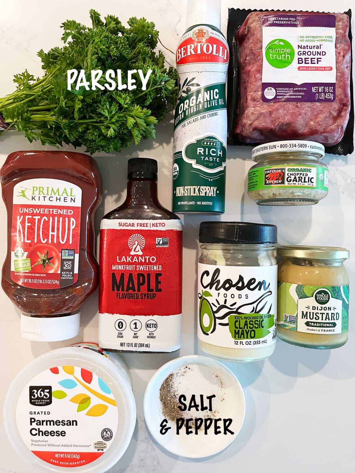 The ingredients needed to make keto meatballs.