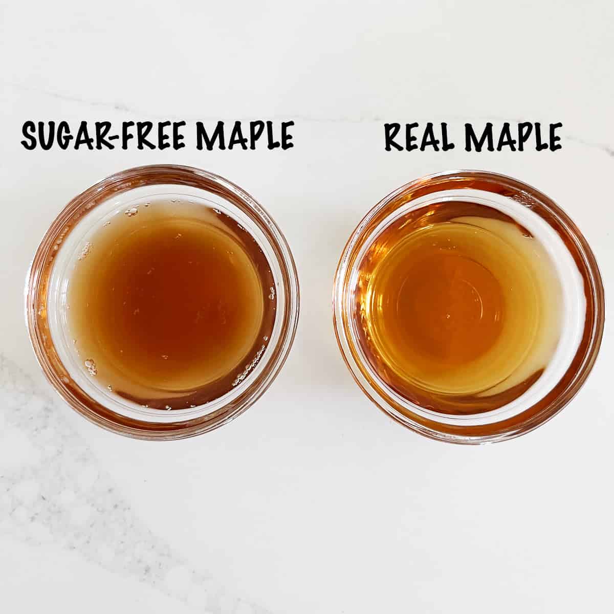 A two-photo collage showing real maple syrup vs. Lakanto sugar-free maple syrup.