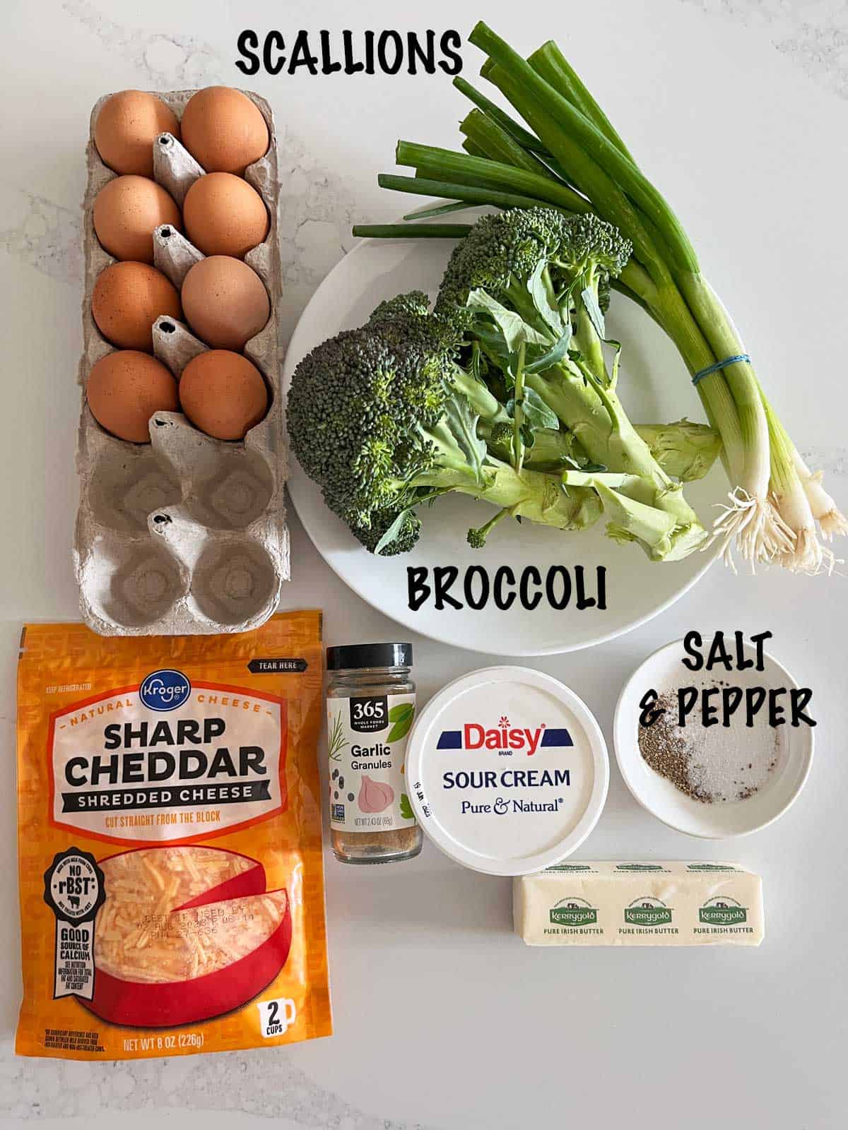 The ingredients needed to make a crustless broccoli quiche.