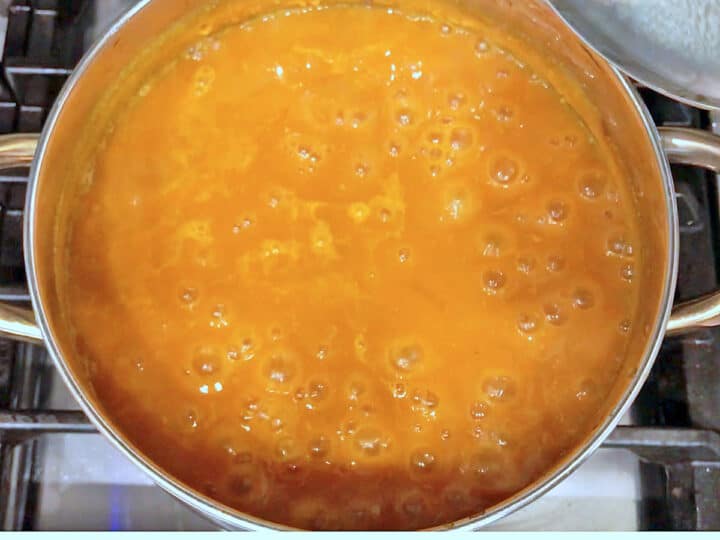 The soup is boiling in the stockpot.