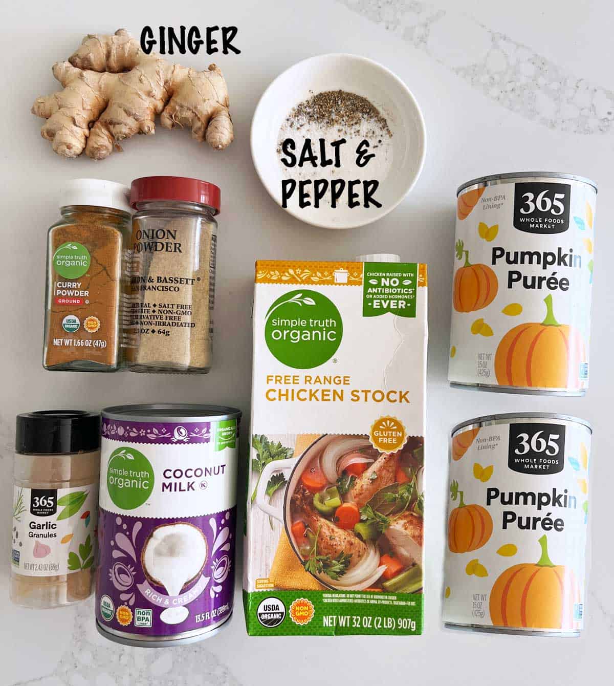 The ingredients needed to make pumpkin curry soup.