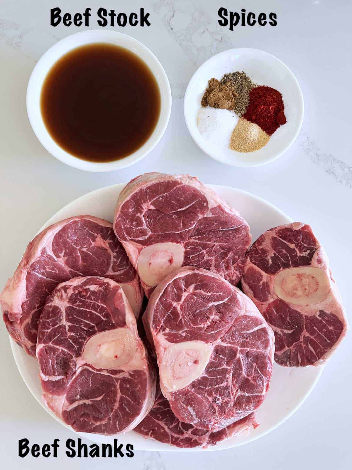 The ingredients needed to cook beef shanks.
