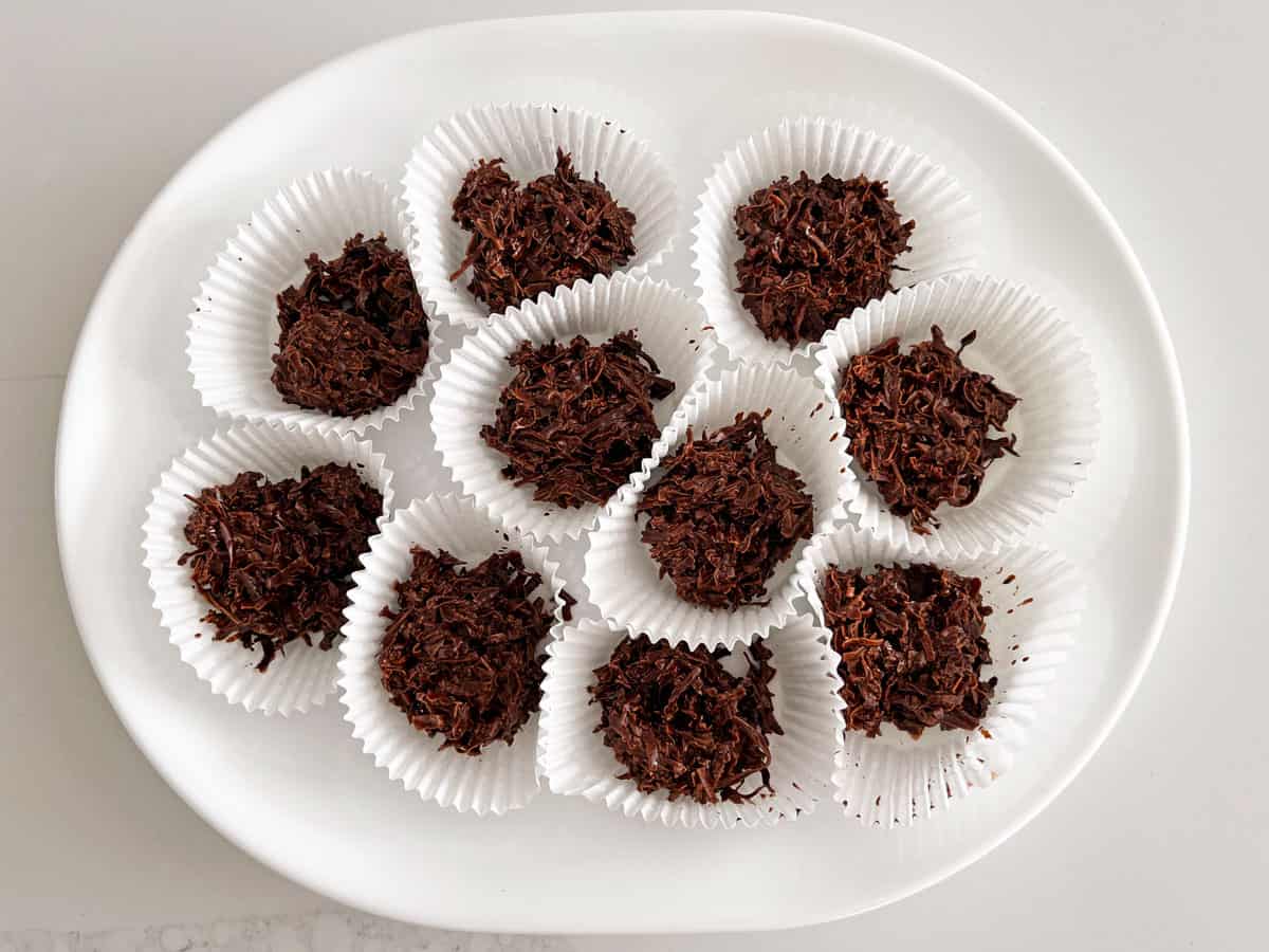 Coconut haystacks in muffin paper liners. 