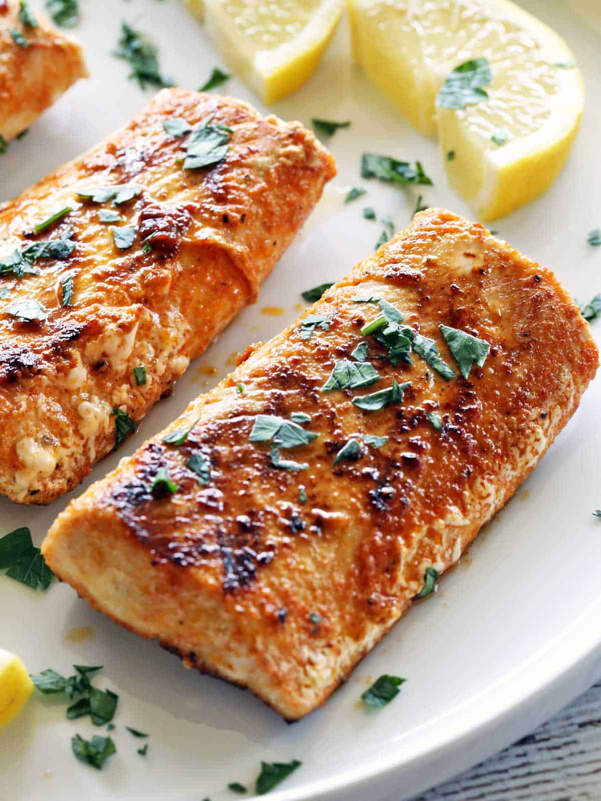 Grilled mahi mahi on a plate.