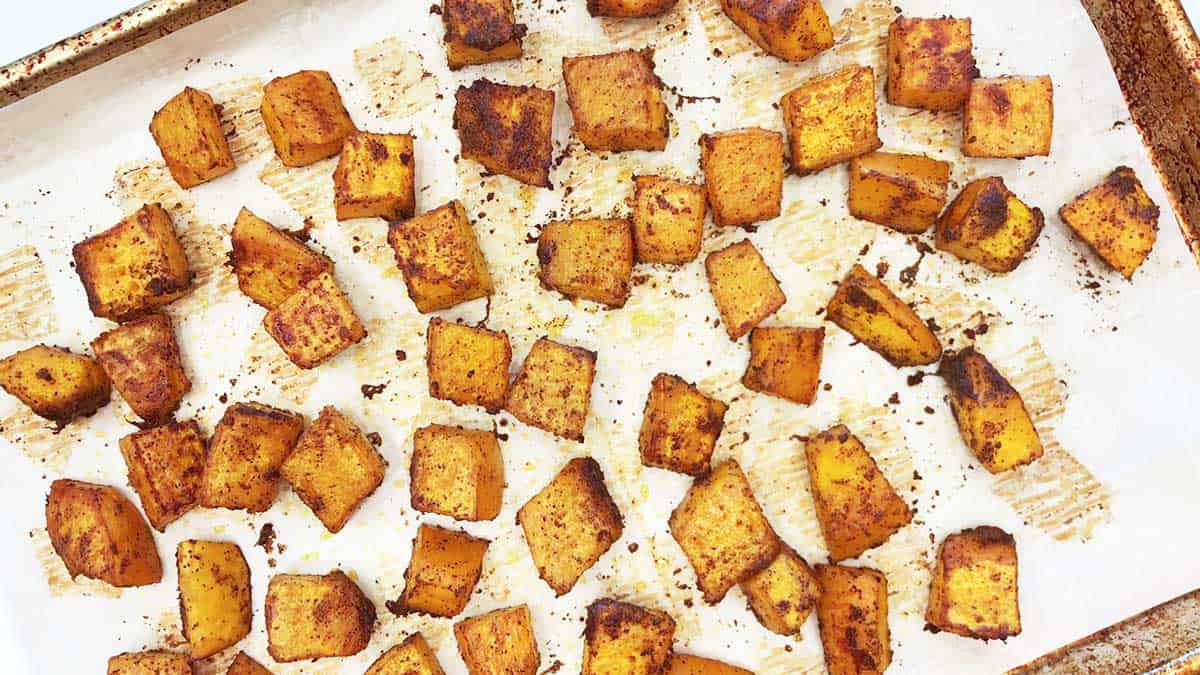 Roasted pumpkin cubes are ready.