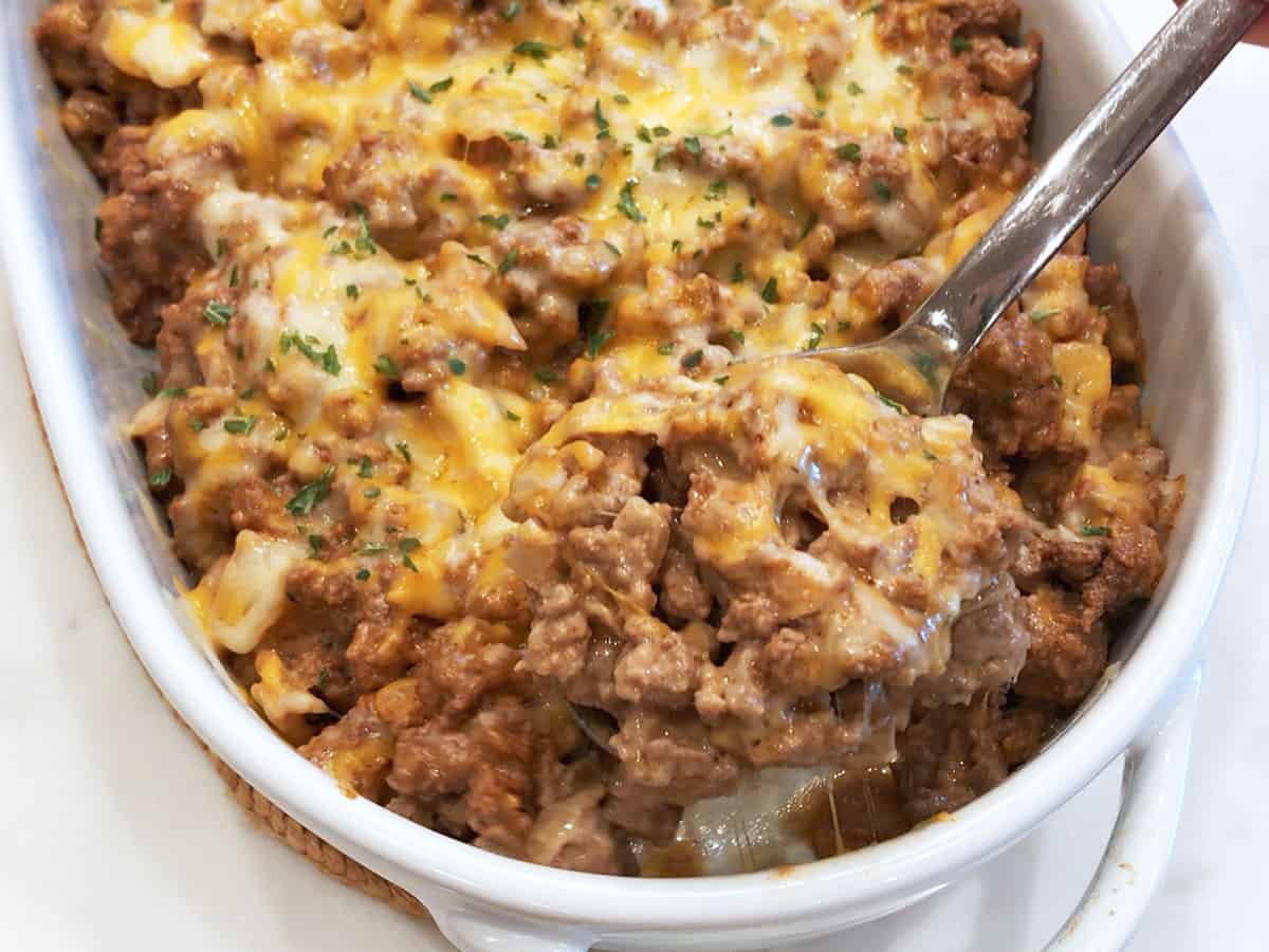 Cheeseburger casserole is served.