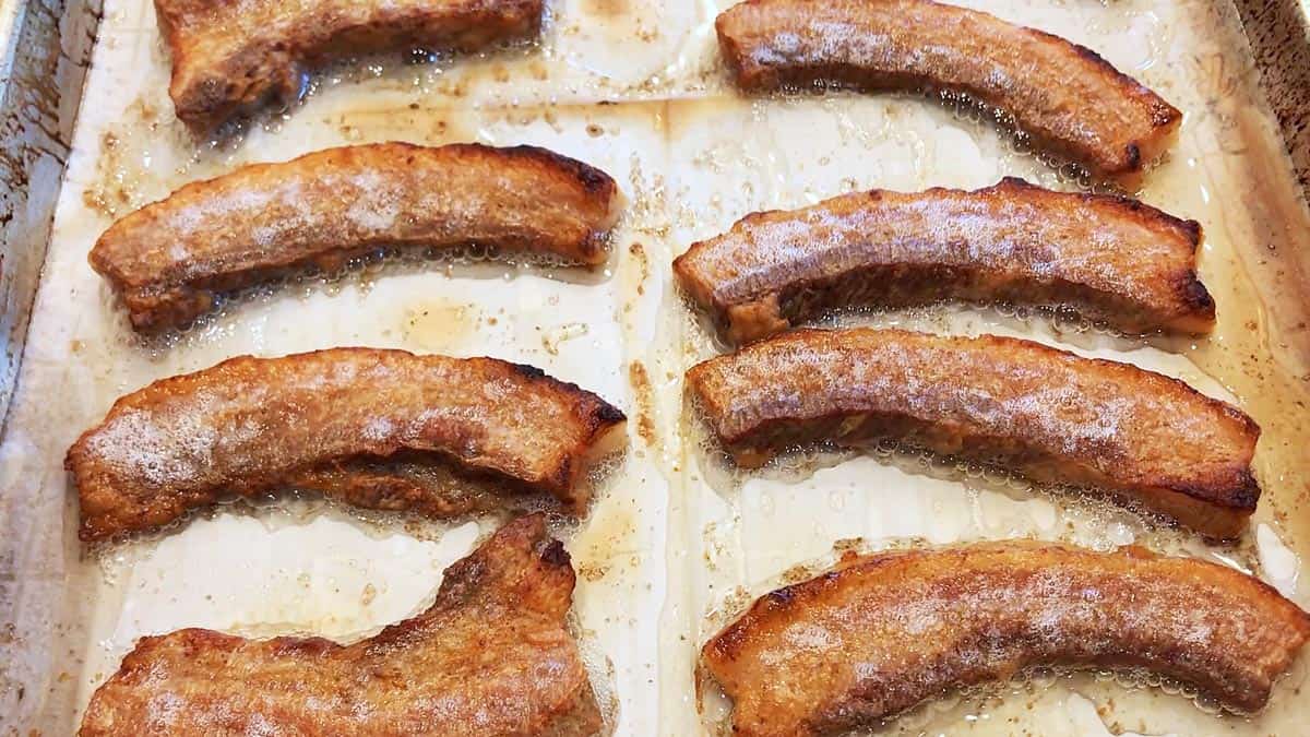 Pork belly slices are ready in the pan.