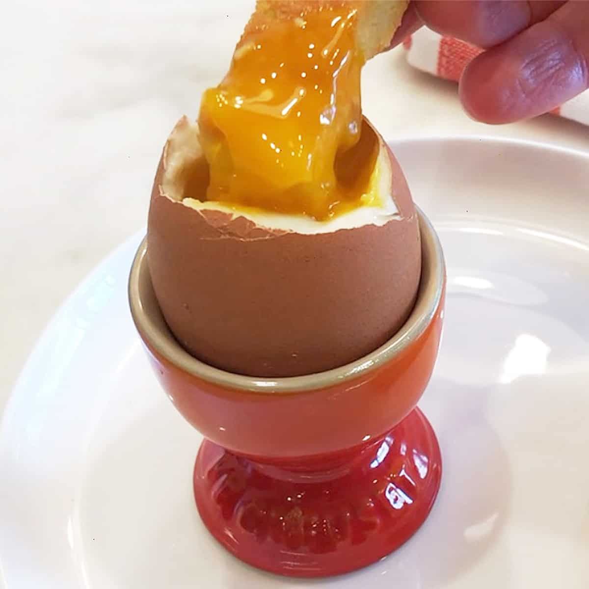 A toast soldier dipped into the perfect yolk of a soft-boiled egg.