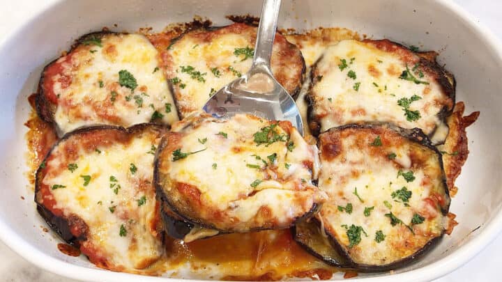 The eggplant casserole is served.