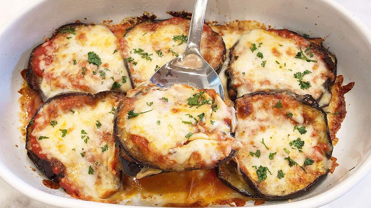 The eggplant casserole is served.