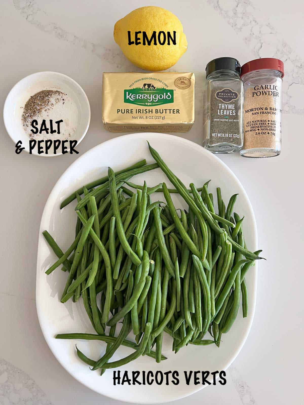 The ingredients needed for cooking haricot verts.