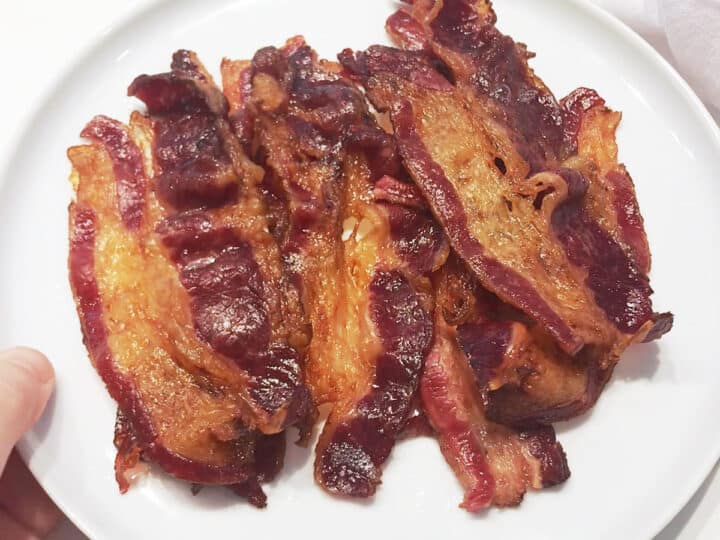 Beef bacon is served.