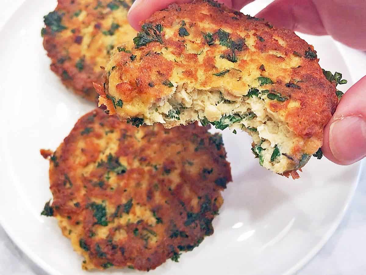 A bitten salmon cake.