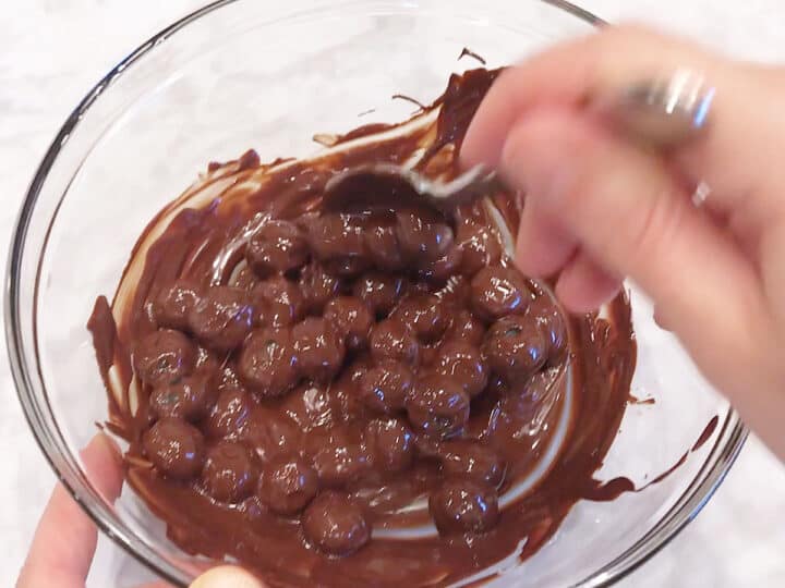 Coating the blueberries in the melted chocolate.