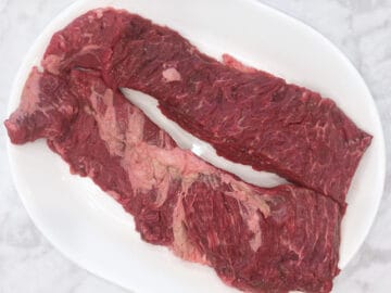 Skirt steak was cut into two pieces.