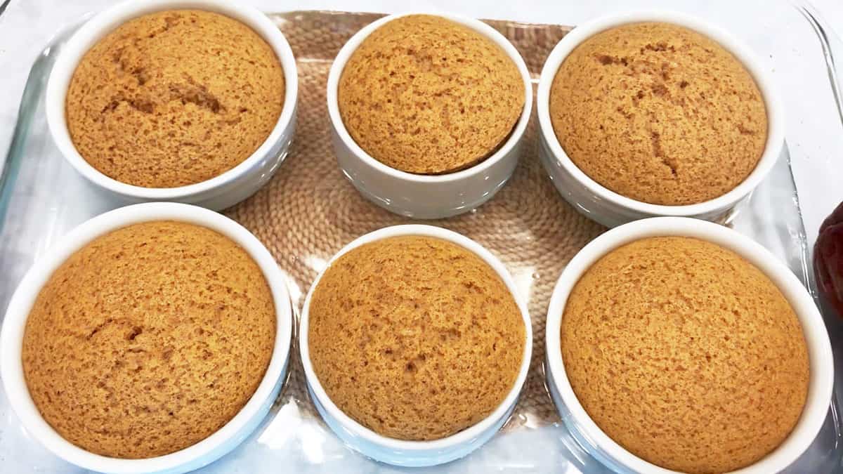 The souffle is ready in the ramekins.