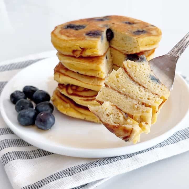 The pancakes were cut to show how fluffy they are on the inside.