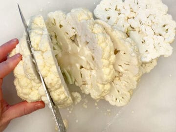 Slicing the cauliflower.