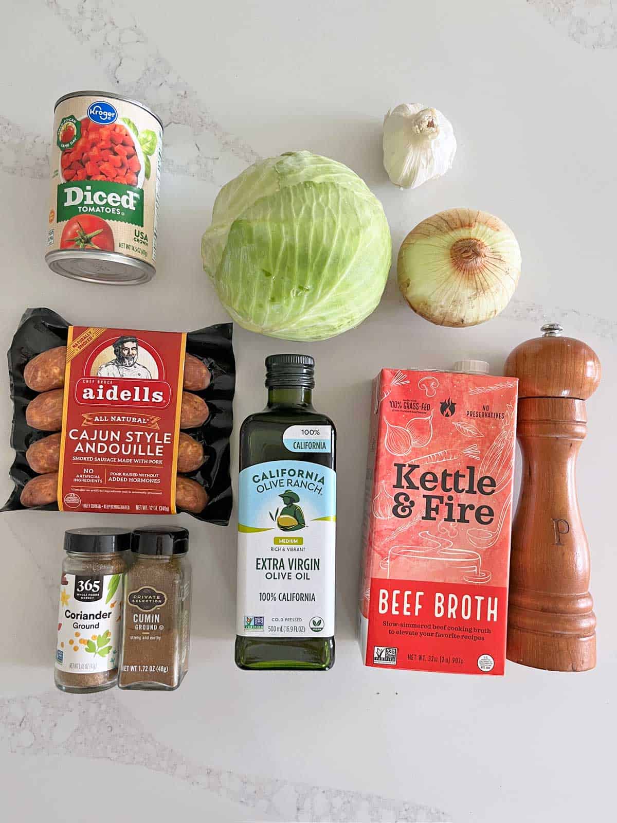 The ingredients needed to make a spicy cabbage soup.