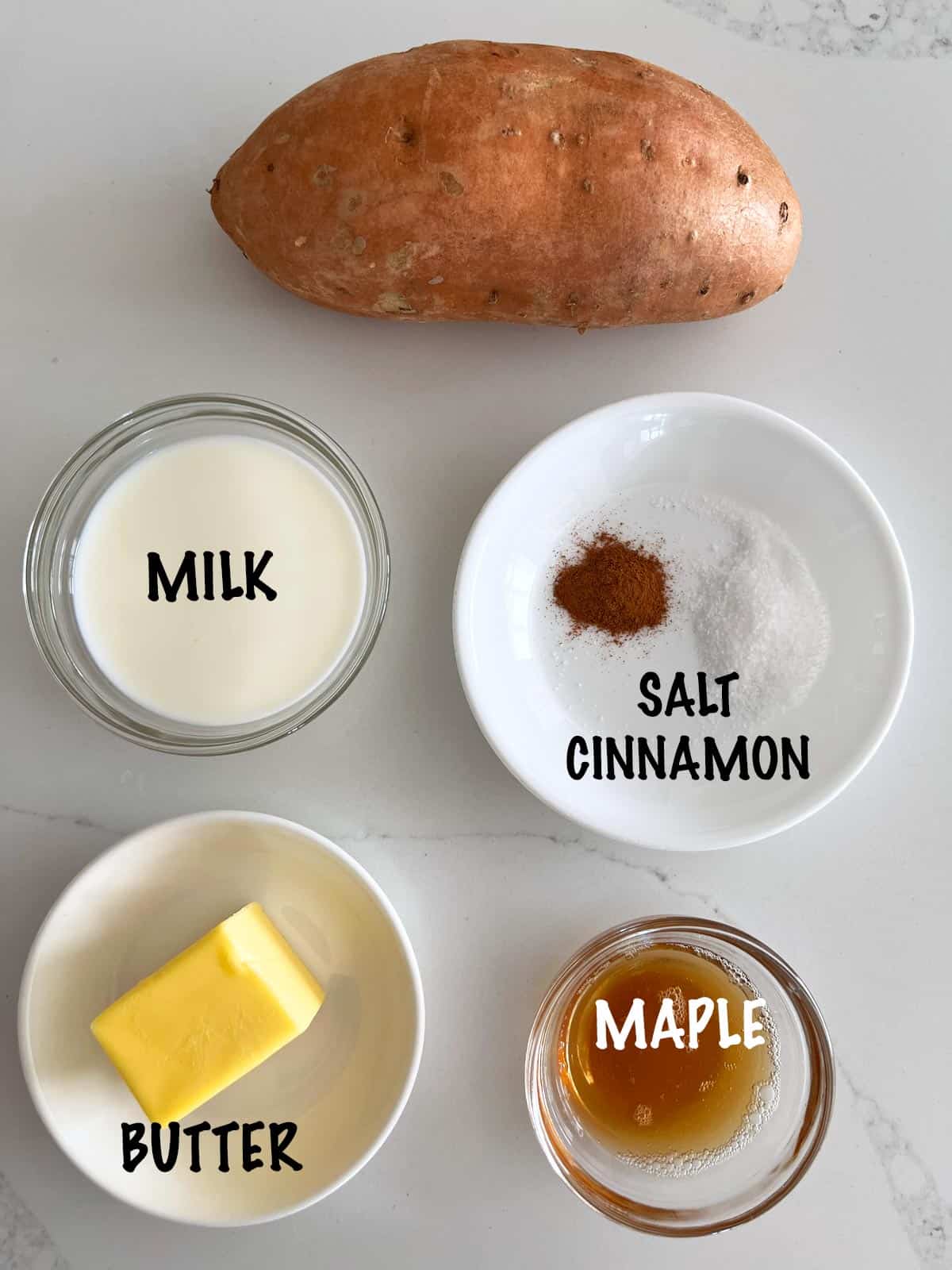 The ingredients needed to make mashed sweet potatoes.