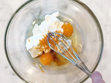 Mixing the liquid ingredients in a bowl.
