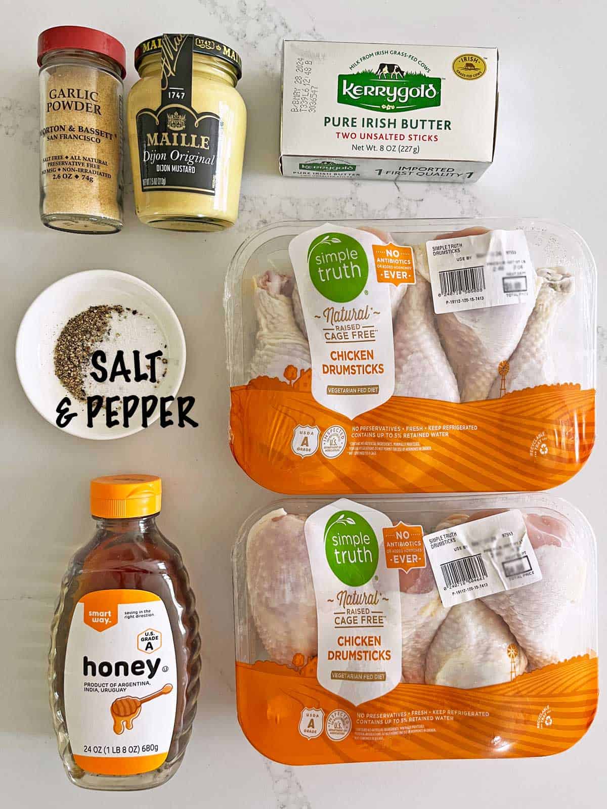 The ingredients needed to make honey garlic chicken.