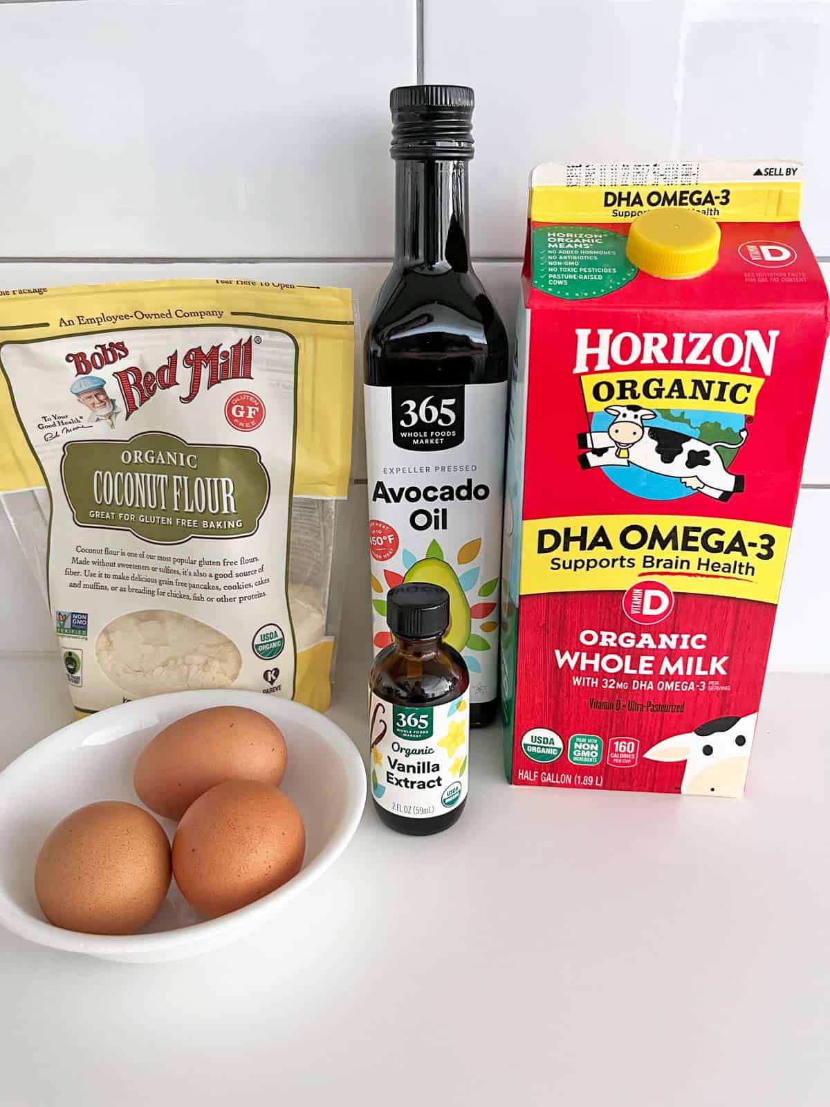 The ingredients needed to make gluten-free pannenkoeken.
