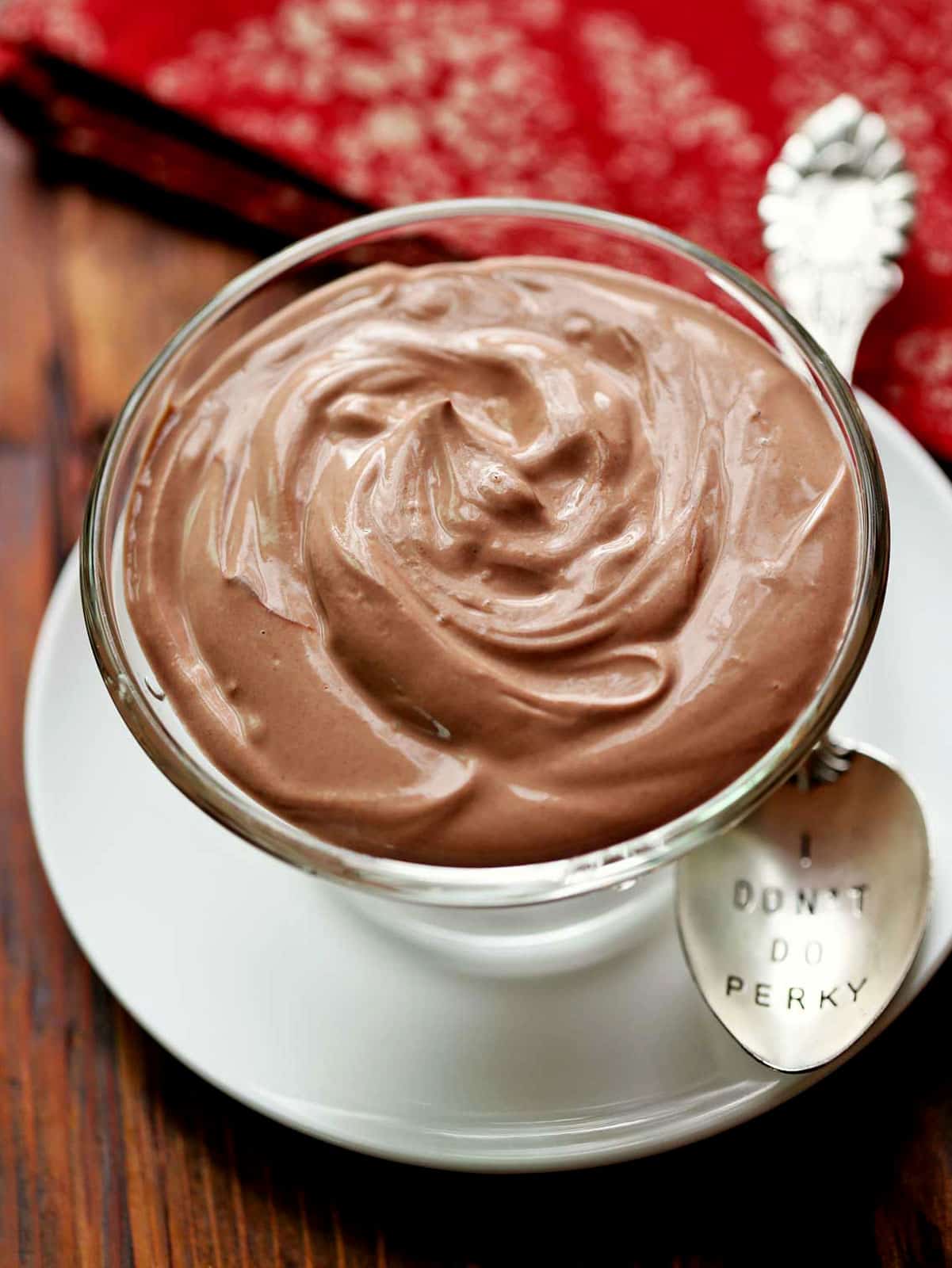 Chocolate yogurt is served in a dessert bowl with a spoon.