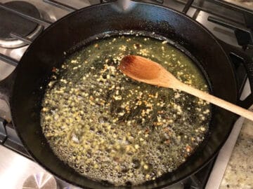 Sauteing garlic and red pepper flakes.