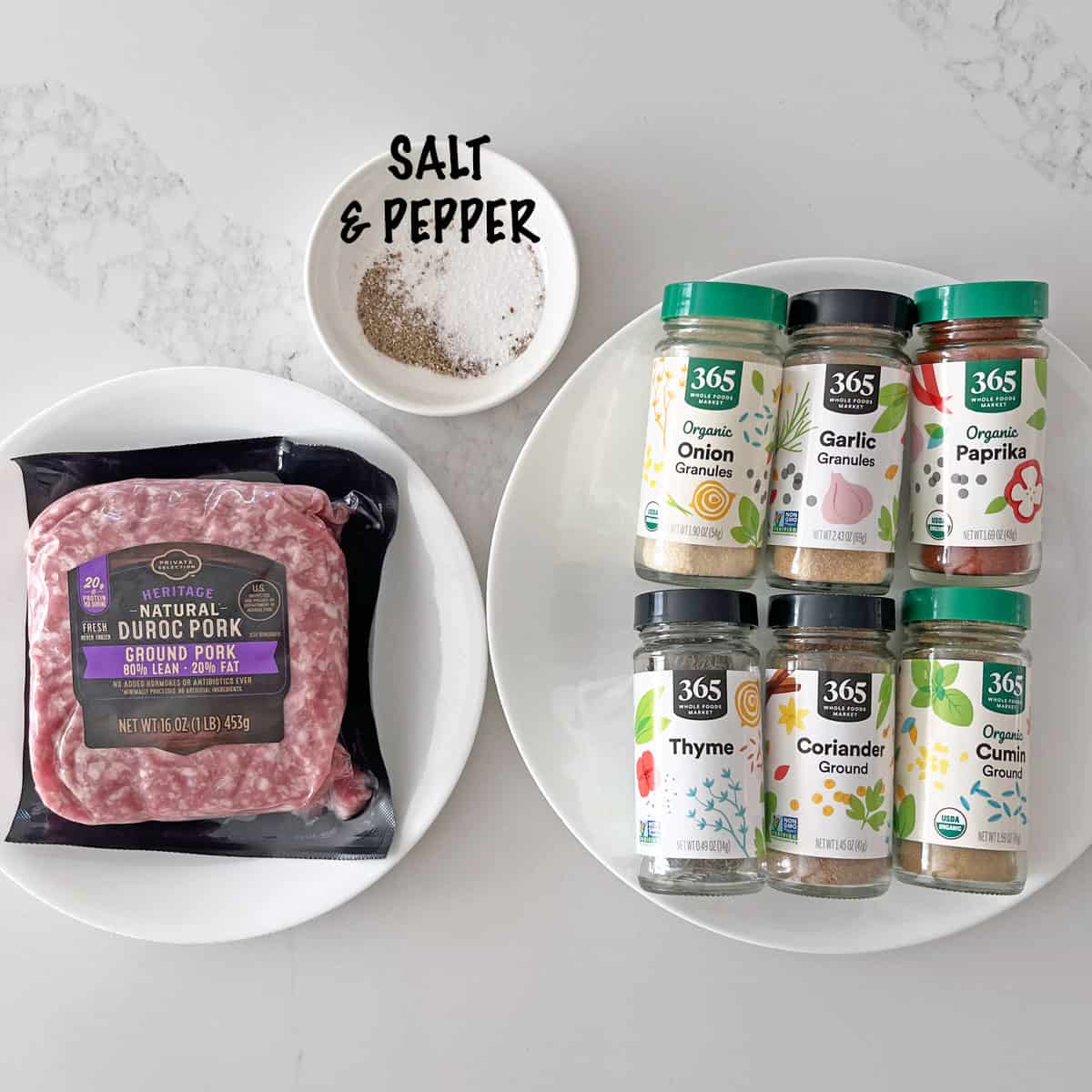 The ingredients needed to make pork meatballs.